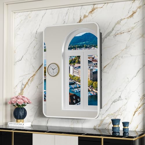 Image of ACEMIRO 20x28 Inch Recessed Medicine Cabinet with Mirror Metal Framed Surface Wall Mounted Bathroom Mirror Medicine Cabinet with Storage Brushed Silver