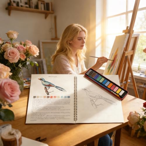 LAOBUSEI Watercolor Workbook, Large 10.3x8.3” Beginner Friendly Watercolor Painting Kit with Thick Paper & 3 Brushes Included, Bird, Animal, Ocean & Flower Themes — view 2