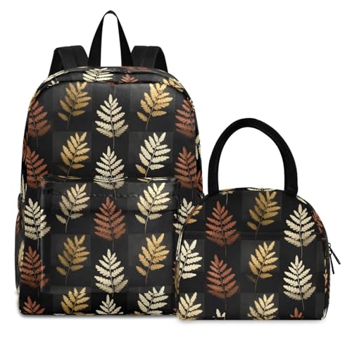 Decor Leaf Print Backpack Set with Lunch Bag, Large Capacity Travel Backpacks and Lunch Box Insulated for Commute Hiking Picnic