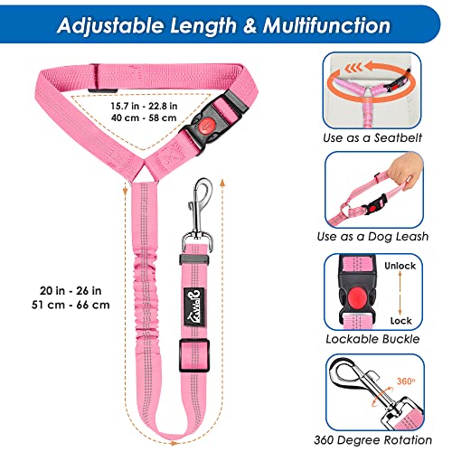 Lukovee Dog Seatbelt Leash For Cars, 2 Pack Pet Safety Car Seat Belt With Adjustable Buckle & Reflective Bungee, Connect Dog Harness In Vehicle Car Dogs Restraint Travel Daily Use (Pink) #TOP2