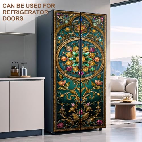 Image of Baroque Door Mural, Teal Gold Jeweled Door Cover, 30.3x78.7in