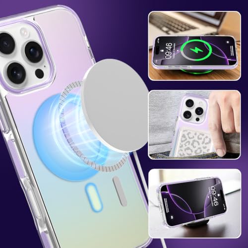 Image of Magnetic Case for iPhone 16 Pro Max [Compatible with Magsafe] [Anti-Yellowing] [1 Screen Protector] Slim Clear Iridescent Case for iPhone 16 Pro Max 6.9 inch 2024, Purple