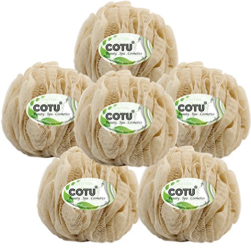6 Pack of COTU Brand Large Exfoliating Bath Shower Mesh Pouf Sponge (Beige Color)