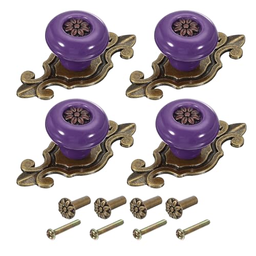 PATIKIL Perillas Retro De Cerámica 1-1/4', 4Pcs Perillas Redondas Vintage Para Cajones Tirador De Petalo Con Placa Trasera/Tornillo/Tuerca Para Puertas De Cocina Armario Ropero, Morado