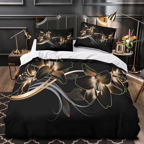Housse de Couette 140x200 Fleur Dorée Parure Lit Single Microfibre Douce - 2