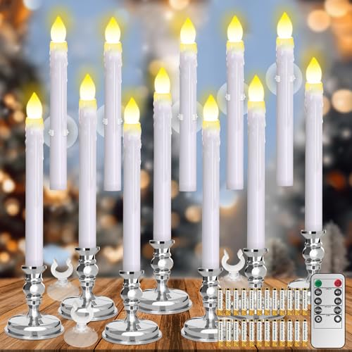 Image of 12 Pack Flameless LED Window Candles with Drip Texture,Removable Candle Holders,24 AAA Batteries,Daily Timer,ON /Off Remote,12 Window Suction Cups,Christmas Home Wedding Decor (Sliver)