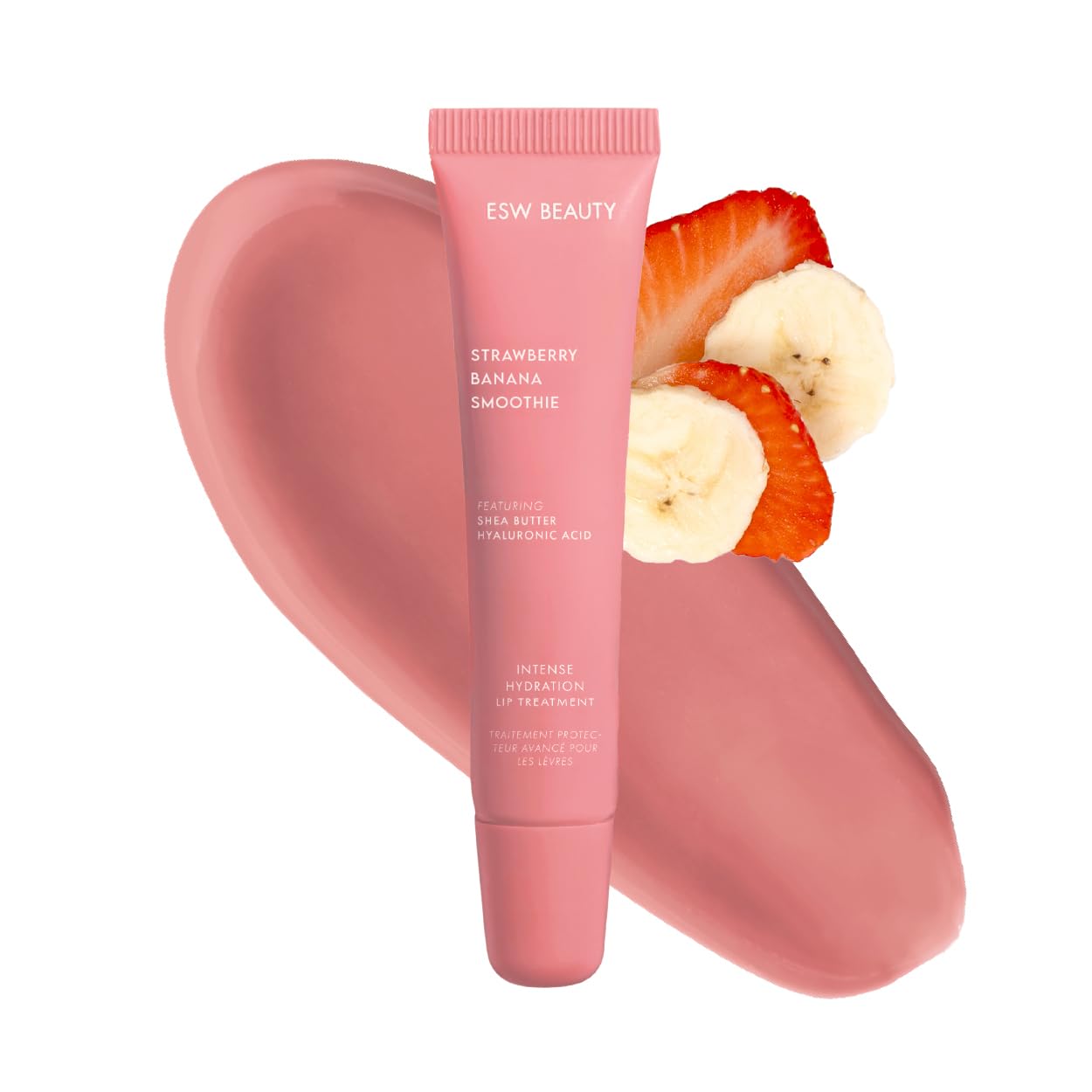 ESW BeautyStrawberry Banana Smoothie Lip Treatment - Soft Pink Nude Tint with Shea Butter, Hyaluronic Acid, Strawberry & Banana for Intense Hydration & Dryness Prevention