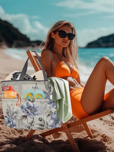 Mesh Beach Bag Oversized Tote Bags for Women Country Blue Flower Farm Floral Plant Large Travel Pool Bags with 8 Pockets4