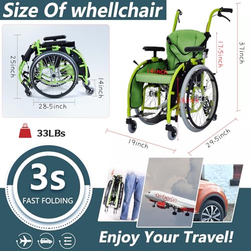 Pediatric-Wheelchair-for-Kids-Children-Lightweight-Aluminum-Wheelchairs-wSafety-Belt-Comfort-and-Mobility-for-Disabled-Teens-Manual-Folding-Wheelchair-wSwing-Away-Footrest-14-W-Seat