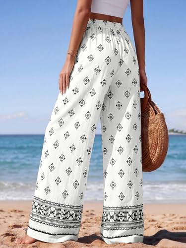 Image of PRETTYGARDEN Womens Pants Elastic Waist Floral Lightweight Palazzo Pants for Women Casual Lounge Wide Leg Pants Woman