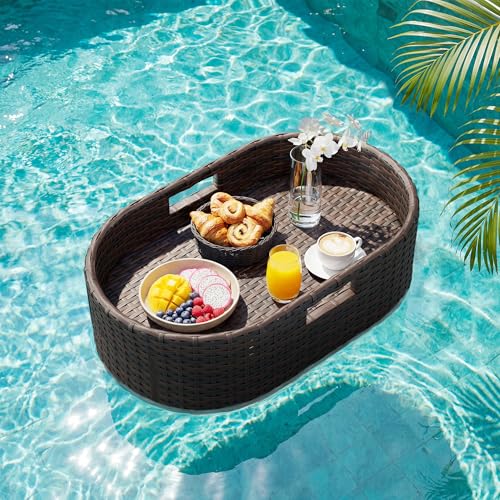 Greesum Wicker Pool Floating Tray, 26”x15” Oval Portable Serving Tray for Holding Fruits, Drinks & Essentials, Suitable for Pool Activities, Bathtub, Hot Tub, Beach Parties, Brown