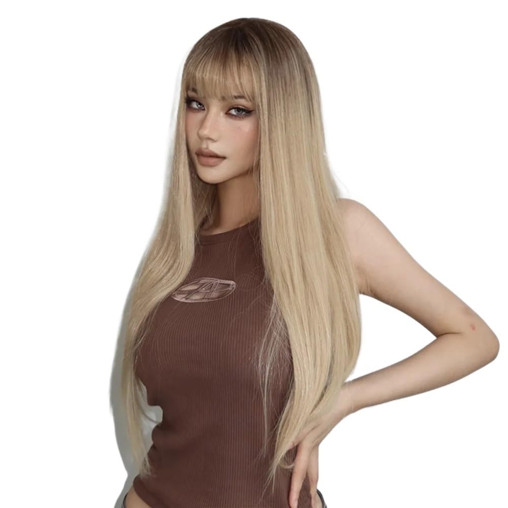 Peluca rubia larga y recta for mujer con flequillo, pelucas sintéticas Cosplay de 26 pulgadas for uso diario en fiestas Suave y Natural