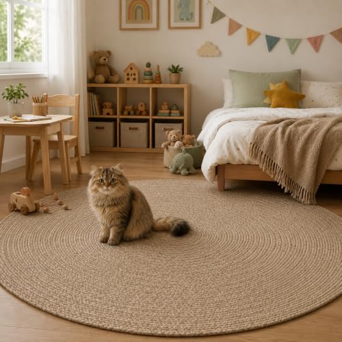 Image of Rounds Jute Carpet - Handwoven Natural Fiber Rug for Living Room, Bedroom, Entryway | Boho Chic Eco-Friendly Area Rug | Rustic Designer Floor Mat:-(Jute, 6x6 feet