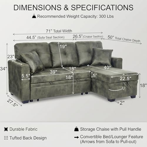 Image of 71 inch Green Convertible Sofa Bed, L-Shaped Pull Out Couch with Storage Chaise | TYBOATLE, Green Sleeper Sofa, Pull Out Couch Bed, Reversible Storage Chaise, Linen Fabric, Living Room, Apartment, Guest Room