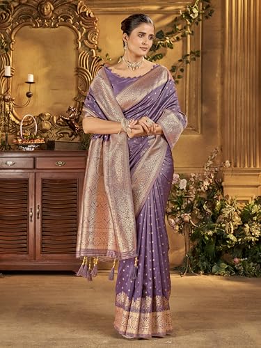 Image of Mehrang Women's Banarasi Silk Kanjivaram Saree For Wedding With Pure Zari Work, Woven Design, With Unstitched Blouse Piece
