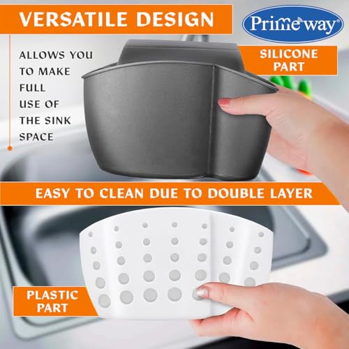 Image of Primeway Silicone Kitchen Sink Sider Faucet Caddy|Sponge Holder with Adjustable Strap|Bathroom Organizer|Bathtub Hanging Storage Cleaning Supplies|Brush,Dishwashing Accessories Rack|White & Grey