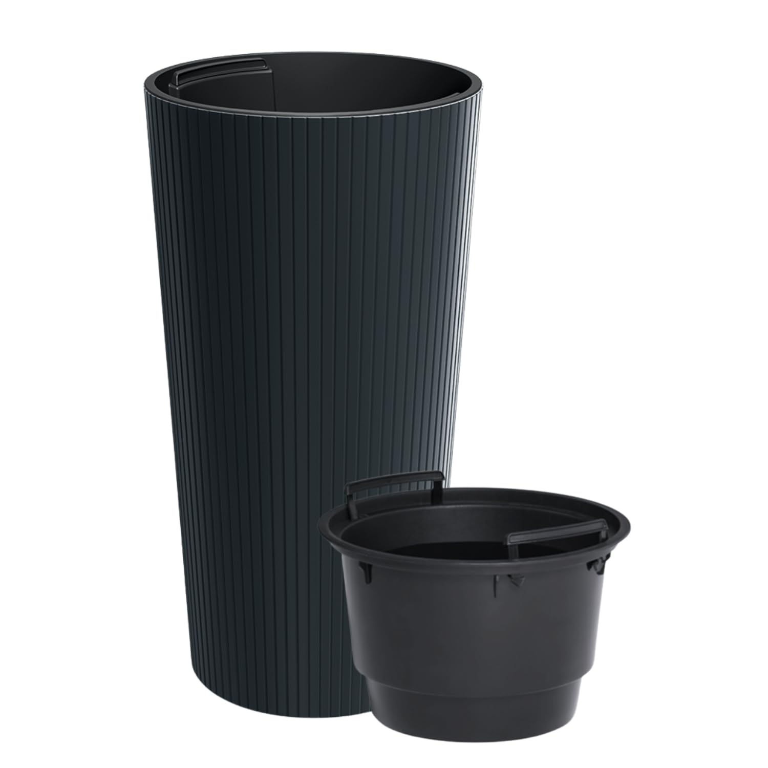 B2C Tall Flowepot Planter Slim Indoor Outdoor Ribbed Round Plastic with removable Insert Garden Decor Moder Garden Balcony Patio (Anthracite, 15.5L (D25cm x H48cm))