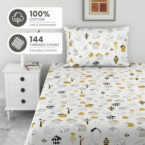 Image of LORETO - A QUALITY LINEN BRAND 144 TC 100% Pure Cotton Single Fitted Bedsheet with 1 Pillow Cover for 72 x 36 Inch Mattress, All-Around Elastic, 8 Inch Deep Pocket, White Kids House Pattern