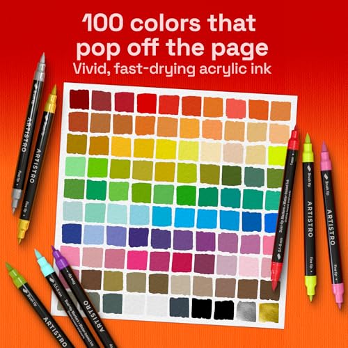 Image of ARTISTRO Acrylic Glass Markers for Wine Glasses and Drinkware (100 Pack), Vibrant Dual Tip Paint Pens for Party Charms & Bar Tools (Brush + Fine Tips)