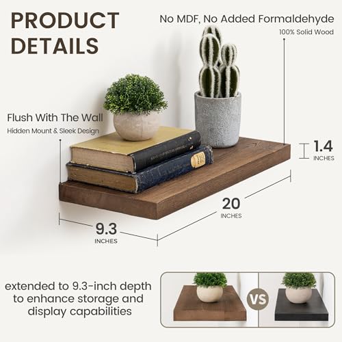 Image of Marsmiles 20 Inch Floating Shelves | 9.3 Inch Deep Dark Wood Wall Shelves Set of 2 | Rustic Reclaimed Wood Shelves for Room Wall | Farmhouse Floating Shelves for Living Room Bathroom