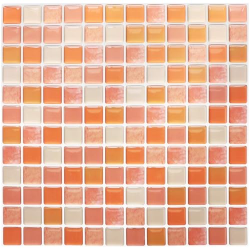 Yoillione 3d Autocollant Mural Imperméable Auto-adhésif en Mosaique, Carrelage Adhesif Mural Salle de Bain, Carreaux Adhesif Mural Cuisine, 4 pcs Orange