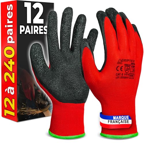 MK-Glove Gant de Travail Homme - (12 Paires) - Résistant à l'abrasion Gants Jardinage Travail avec Revêtement Latex - Gants de Protection Atelier Mecanicien...