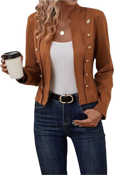 Melliflo Women's Stand Up Collar Double Breasted Suit Jacket Slim Fit Casual Temperament Jackets3