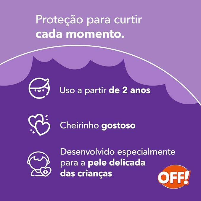 Infográfico destacando os benefícios do repelente como uso a partir de 2 anos e fórmula suave