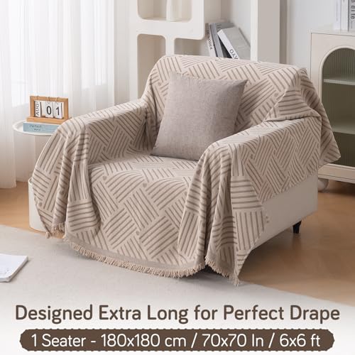 Image of HOKIPO Printed 320 GSM Chenille Sofa Cover Throw Blanket for 1 Seater Sofa - All Season, 'Serene Abode Series' Beige Geo Weave (180x180 cm) (AR-6631-D7)