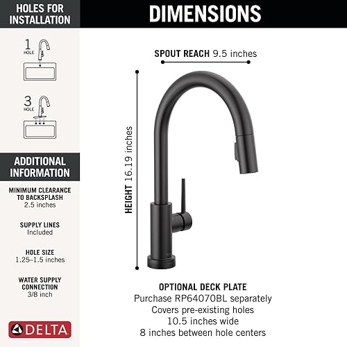 Miniatura 5 de Delta Faucet Trinsic - Grifo para cocina monocontrol y rociador extendible con función táctil, tecnología Touch2O, negro mate 9159T-BL-DST