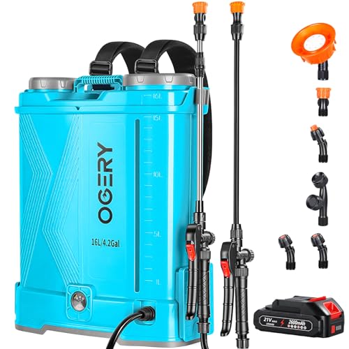 OGERY Battery Powered Backpack Sprayer 4 Gallon 2.6Ah 21V Battery Electric Pump Sprayer with 6 Nozzles Telescopic Stainless Steel + Plastic Wand for Lawn Garden Weed Yard Cleaning (Charger Included)