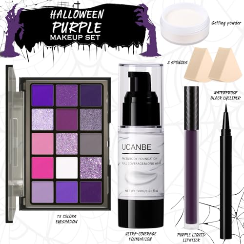 Image of UCANBE Halloween Makeup Kit - 15-Color Purple Eyeshadow Palette, White Liquid Foundation, Purple Liquid Lipstick, Black Eyeliner, Setting Powder & Sponges Makeup Set for Cosplay Witch Devil Sorceress