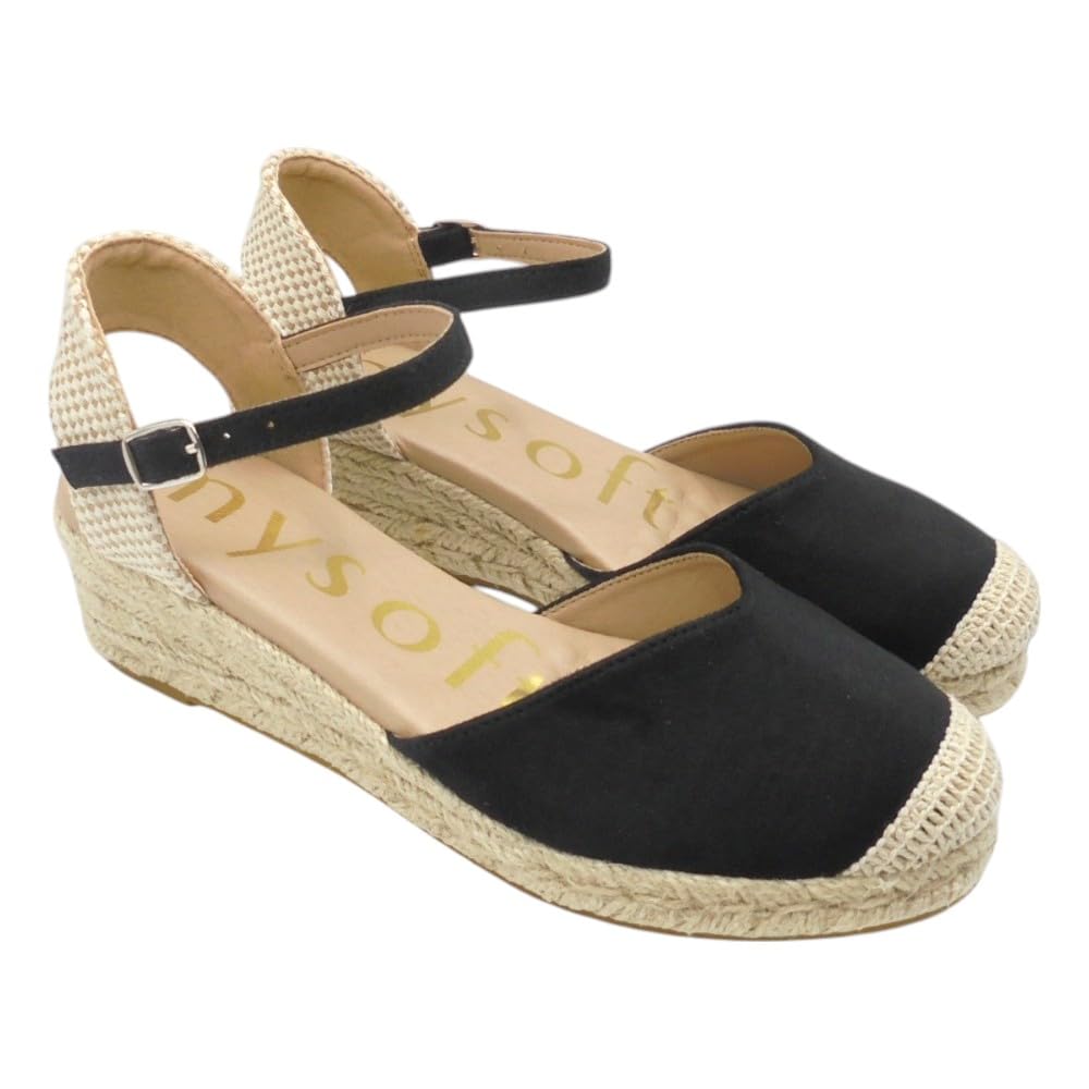 mysoft - 25M102 Alpargatas Beige de Mujer con Cuña 3 cm, Plataforma 2 cm, Cierre de Hebilla, Fabricadas en Piel Sintética, Planta de Gel Acolchada y Puntos de Relajación para: Mujer