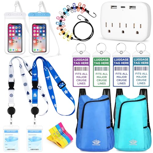 16 peças essenciais de cruzeiro, inclui etiquetas de bagagem de cruzeiro, cordão de cruzeiro, bolsas de telefone à prova d'água, varal de viagem, mochila portátil, clipes de toalha, filtro de linha
