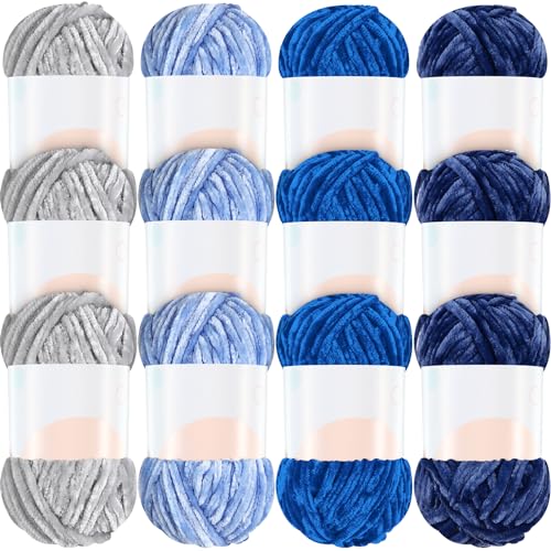 Image of Xinnun 12 Skeins 1116 Yards Chenille Velvet Soft Thick Plush Yarn Bulk for Crocheting Knitting Blanket DIY Weaving Craft, 6mm, 3.5 Oz /Skein(Blue Series)