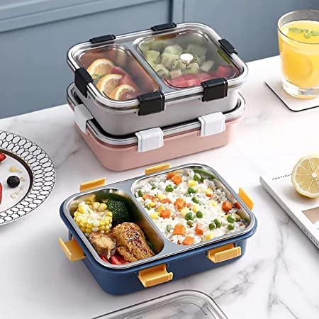 Image of HYLOL Stainless Steel Lunch Box with 2 Compartment Leakproof Bento Tiffin Box for Kids & Adults Airtight Food Storage Container with Spoon Fork & Lock Clips for Office School Travel (Blue)