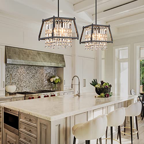 Image of LMQNINE Farmhouse Chandelier - Black Metal Crystal Pendant Light for Kitchen, Dining Room, Living Room - Flat & Inclined Ceiling (Trapezoid -11.81in)