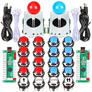 Fosiya 2 Player Arcade Joystick LED Chrome Buttons for PC Arcade Gamepads & Standard Controllers DIY Games MAME Kit (Chrome Red & Blue Buttons)