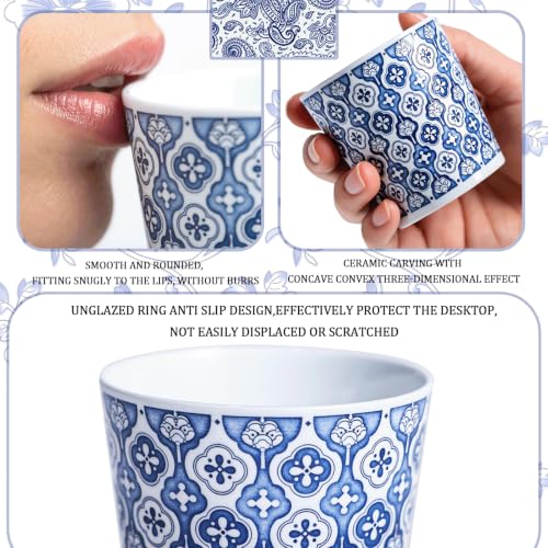 YQ&AMK 6.76oz Artisan Hand-Carved Jingdezhen Porcelain Tumbler – Blue & White Geometric Floral Relief Tea Cup | High-Fire Ceramic Mug for Coffee, Cold Drinks & Home Décor Gift-Ready Drinkware — view 3