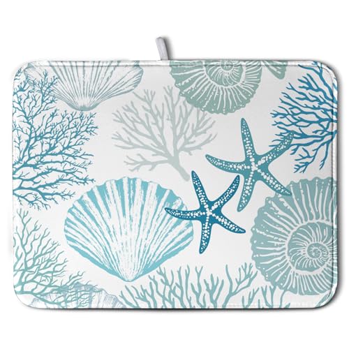 Summer Teal Dish Drying Mat for Kitchen Counter Nautical Coastal Blue Dishes Drainer Mats Turquoise Beach Coral Seashell Starfish Ocean Absorbent Microfiber Dish Draining Pad 18x24 Inch