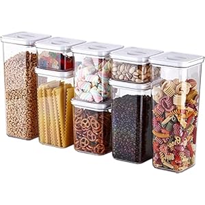 Neoflam Kitchen Pantry Airtight Smart Seal Dry Food Storage with Lid, Modular, Stackable, Square, Clear Canister for Cereal, Sugar, Flour, Snack, Coffee, Pasta Container (8 Set, White Lid)