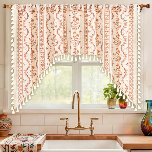 Image of Yinhua Boho Swag Valance Curtains Vintage Linen Valances for Windows Light Filtering Floral Kitchen Valance Rod Pocket Rustic Tassel Window Valances for Bathroom Cafe, 60 inch W x 36 inch L, White Orange