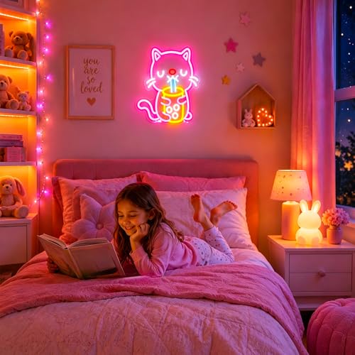 Image of Neon Sign, Cat Neon Signs for Wall Decor LED Signs Neon Light | Cat Neon Sign, Cat Boba Tea Led Sign for Bedroom, Kids Room, Business, Cafe, Party, Bar, Home Decor, Gift, USB Powered