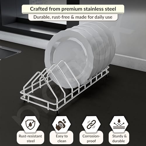 Image of Plantex Plate Stand for Kitchen Cabinet /Dish Organizer with Minor Surface Marks from Transit, Fully Quality Checked /8 Slote Plate Rack Holder - Size - 4 inch (Slot - 8, Pack of 1)