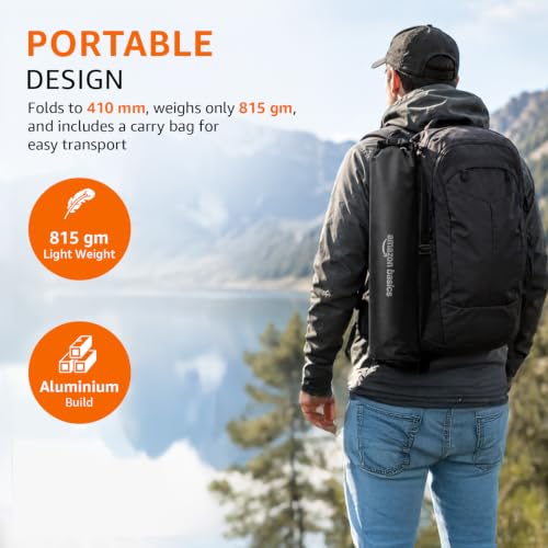 Image of Amazon Basics 55-Inch Aluminium Tripod, Lightweight Portable Camera Tripod Stand with Carry Bag, 3-Way Pan Head, Quick Release Plate, for Smartphones, GoPro & DSLR, Load Capacity up to 5kg