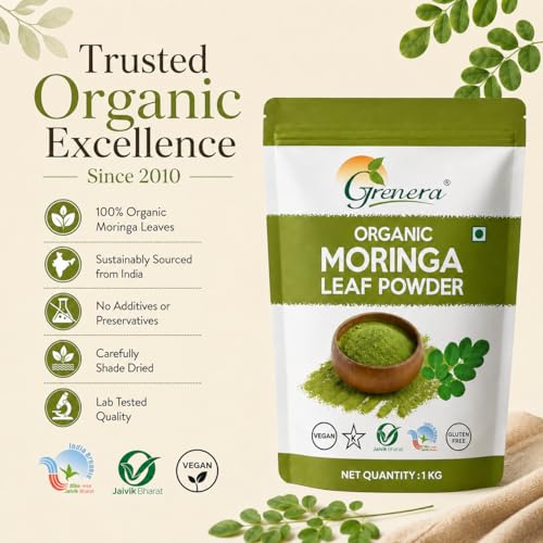 Image of Grenera Organic Moringa Leaf Powder 1 kg, Drumstick Leaf Powder, Pure Shigru for Healthy Life, Organic Certified, No Chemicals or Preservatives