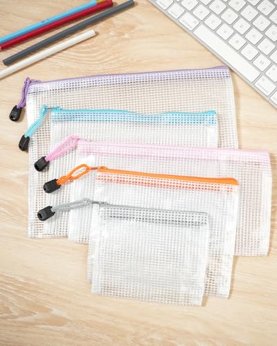5 Pack Mesh Zipper Pouch Set, Waterproof Zipper Bags, Supplie Storage for Office, Travel, and Home Organization, 5 Colors & Sizes(A5, A6, Bills, B6, B8)