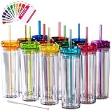 SKINNY TUMBLERS 24 Colored Acrylic Tumblers with Lids and Straws | Skinny, 16oz Double Wall Clear Plastic Tumblers With FREE Straw Cleaner & Name Tags! Reusable Cup With Straw (Multicolors, 24)