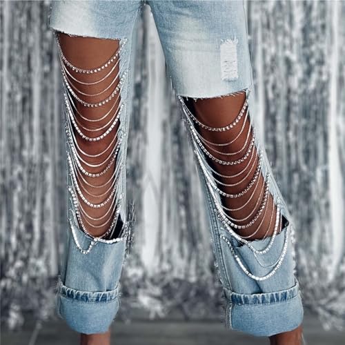 Women's High Waist Straight Leg Jeans Baggy Ripped Metal Chain Distressed Denim Pants3