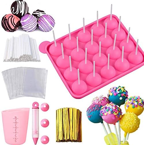 Cake Pop Maker Set - Silicone Lollipop Mold with Lollipop Sticks, Measuring Cup, Treat Bags, Twist Ties, Decorating Pen with 4 Piping Tips, Round Mold for Lollipop, Candy, Jelly, ice and Chocolate